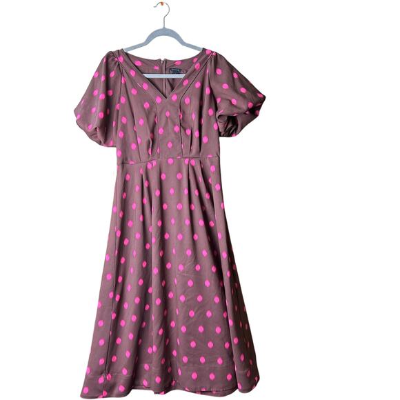 Ann Taylor Midi Dress Browns w/Polka Dots Swatch Pink Sz 4 - Picture 2 of 9